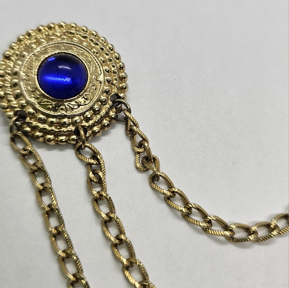 Cobalt Blue Double Cabochon Goldtone collar Brooch - Picture 4 of 7
